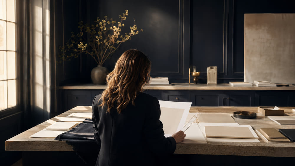 An editor at a long navy desk beside a tall window, marking up page proofs for a morning newsletter.