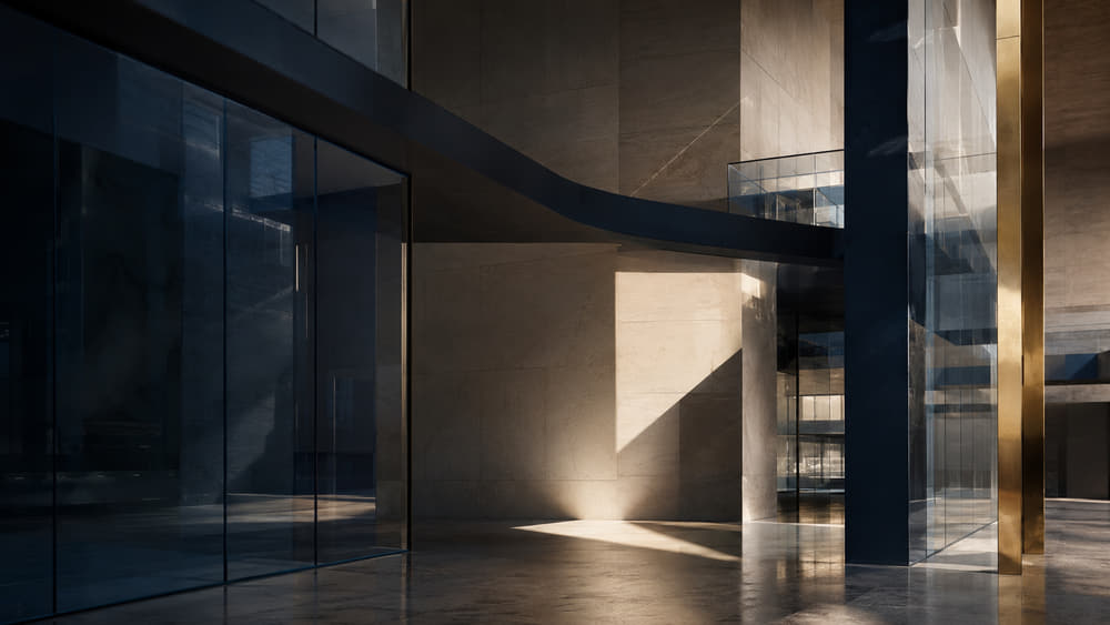 Late sun raking across the glass and stone façade of a Meridale banking hall, navy shadows folding across the entrance.