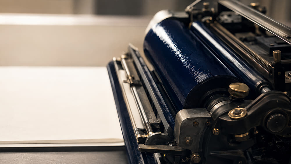 Navy ink drawn across the rollers of a sheet-fed press, a fresh cream sheet emerging beneath.