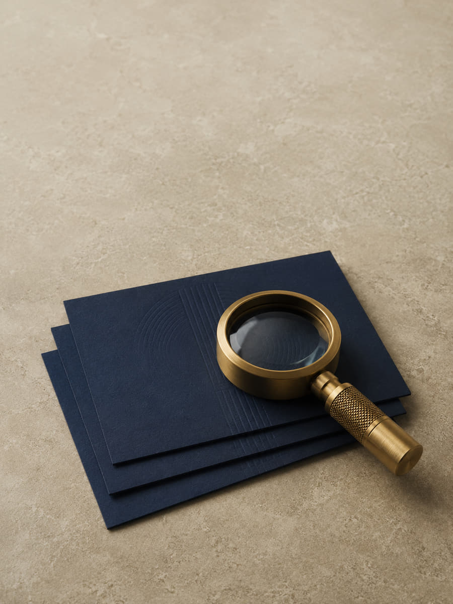 A brass linen tester resting on a stack of deep navy proof sheets on a pale stone surface.