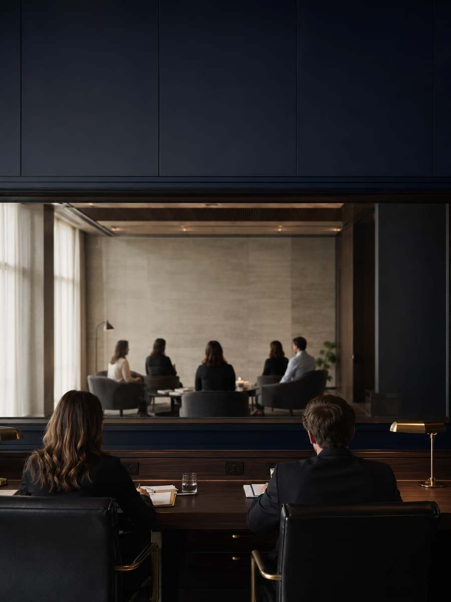A small meeting under way in a glass-walled room at Montlior House, seen from the corridor outside.