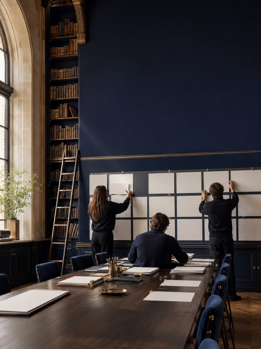 Two studio designers pinning printed page layouts to a floor-to-ceiling navy planning wall while an editor reviews proofs at the table below.