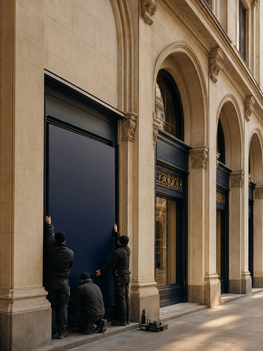 Two bill posters pasting a deep navy Montlior campaign panel onto the stone arcade of a nineteenth-century Meridale building.