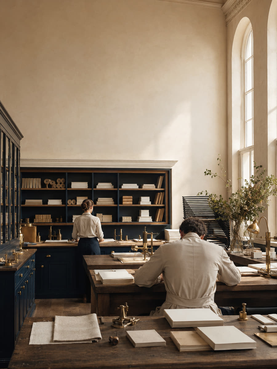 Compositors working at long navy worktables in the Montlior print atelier, proof sheets and brass rules laid out under tall windows.