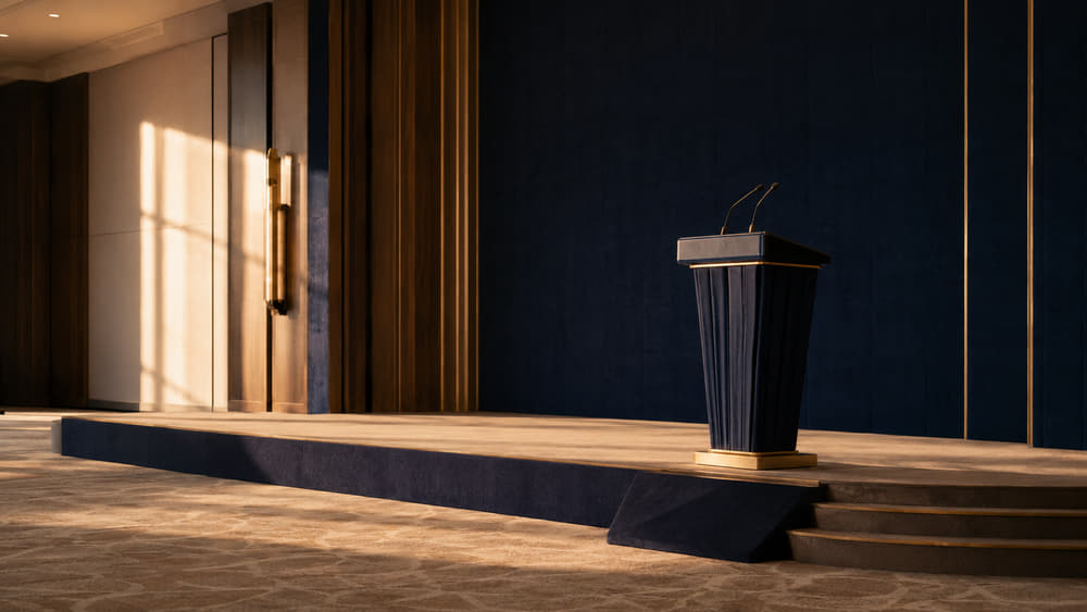 A low stage and slim navy lectern in a panelled hall, lit warm and set for the opening of a Montlior summit.
