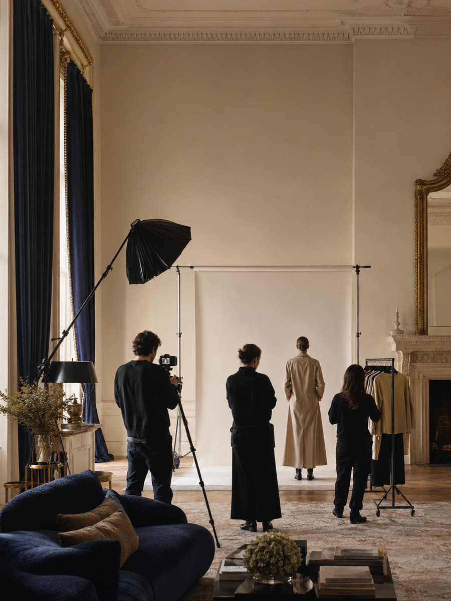 A Studio photographic shoot under way in a high-ceilinged Meridale drawing room, softbox and crew set up around the sitters.