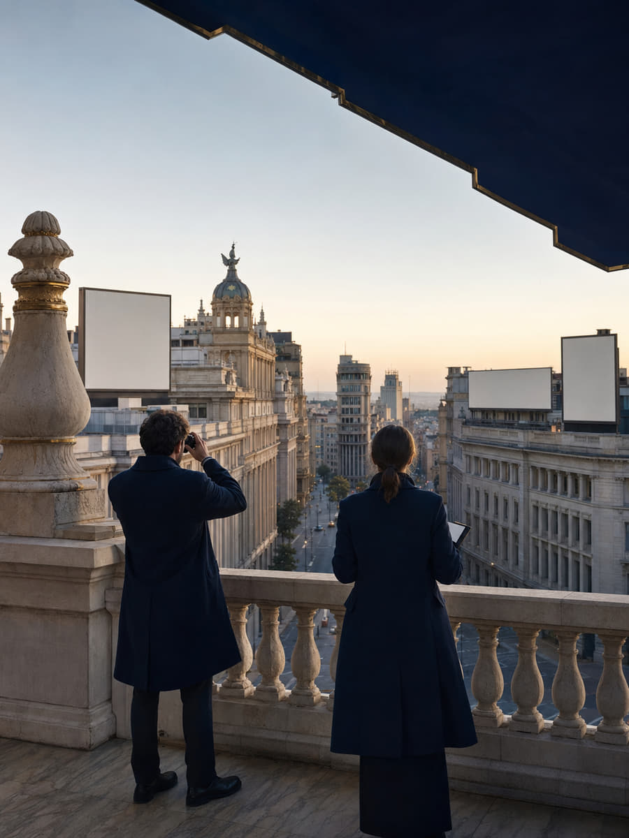 Two people in overcoats on a stone balustrade at dusk, looking out over the Meridale skyline and its lit advertising panels.